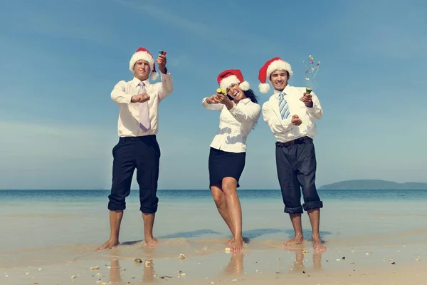 Colegas de negocios en Santa Hats on Beach — Foto de Stock