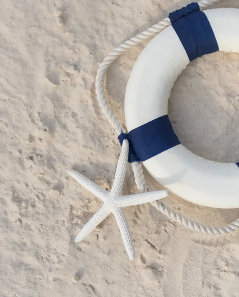 Lifebuoy на пляже с морскими звездами — стоковое фото