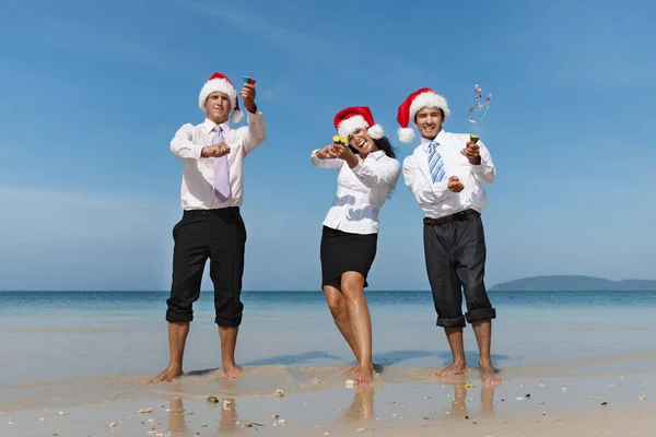Επαγγελματικούς συνεργάτες σε καπέλα Santa στην παραλία — Φωτογραφία Αρχείου