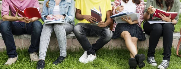 Diversos estudiantes se sientan en el parque — Foto de Stock