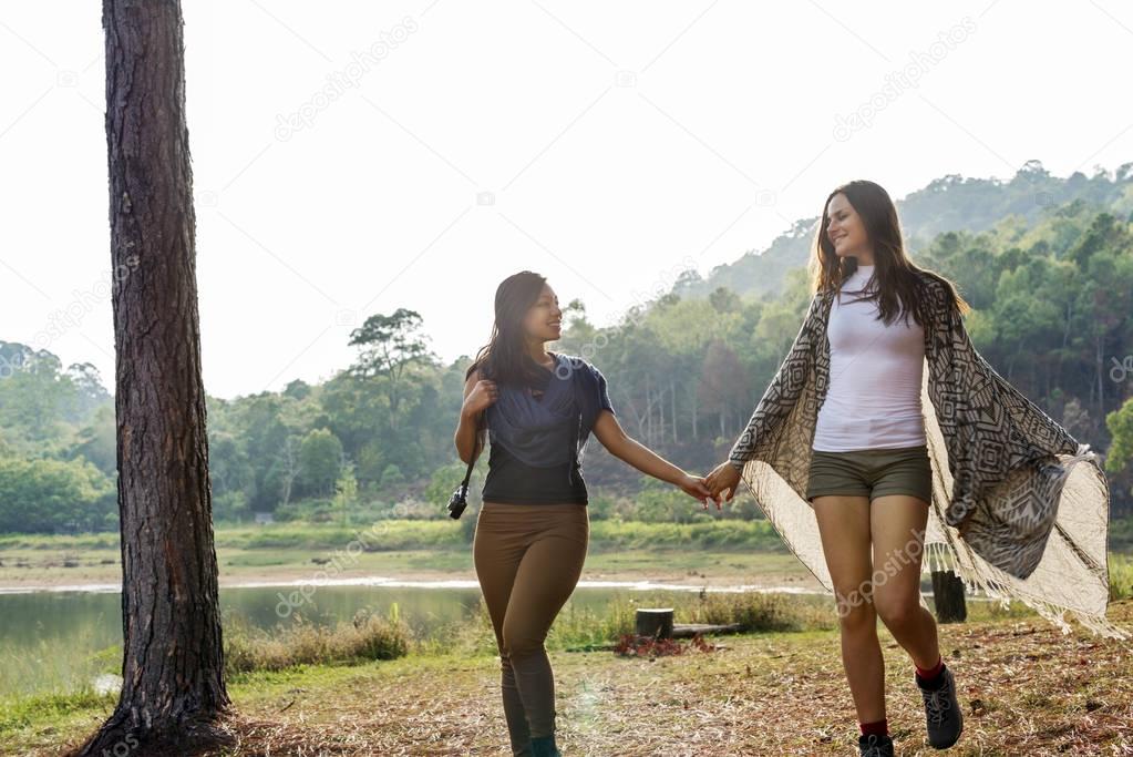 Young female friends travelers