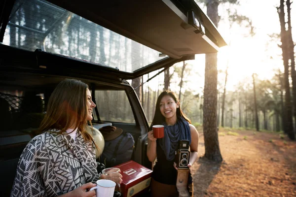 Jovens amigas na floresta — Fotografia de Stock