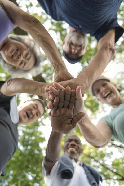 Senior friends shaking hands — Stock Photo, Image