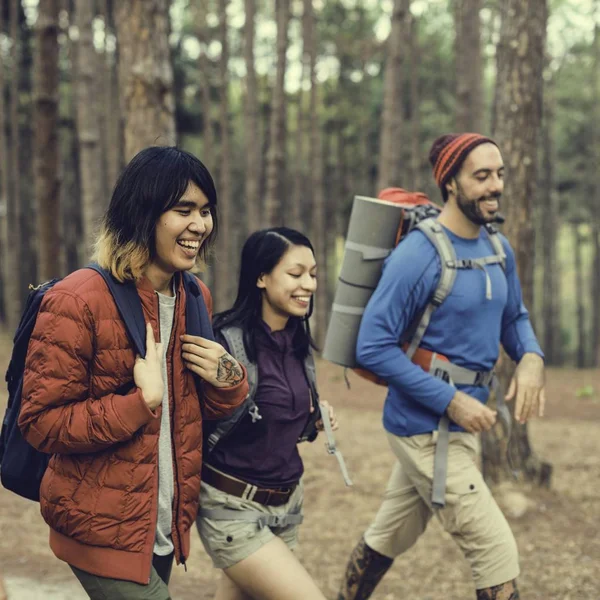 Jovens amigos viajantes na floresta — Fotografia de Stock