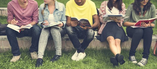 Diverse students sit at park