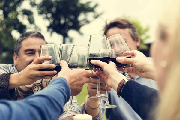 Gente celebrando y bebiendo vino — Foto de Stock