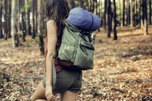 Viajante feminino na floresta — Fotografia de Stock