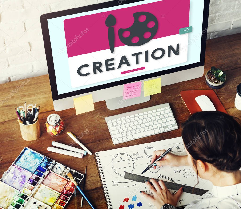Girl working in design studio with computer, Creation Concept