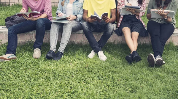 Olika studenter sitta på park — Stockfoto