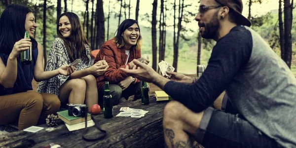 Young friends travelers in forest — Stock Photo, Image