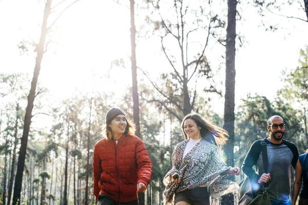 Unga vänner resenärer i skogen — Stockfoto