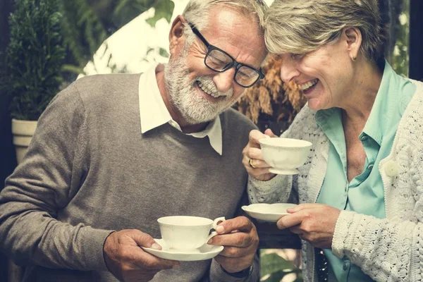 Yaşlı çift çay içme — Stok fotoğraf