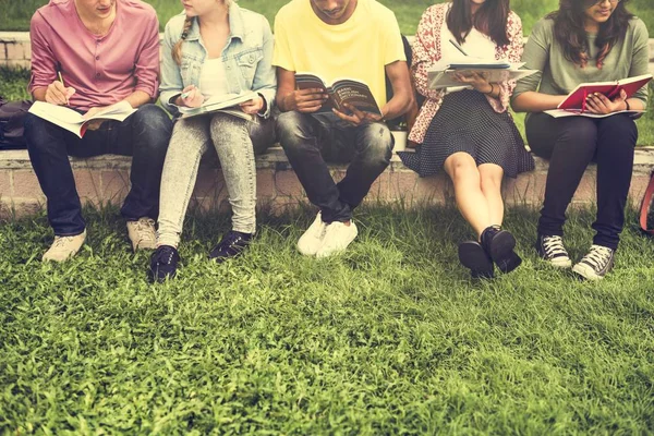 Diverse students sit at park