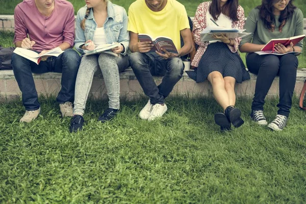 Diversi studenti si siedono al parco — Foto Stock