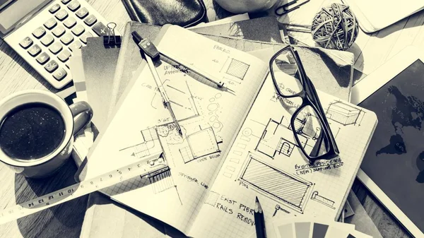 Architektura narzędzia blueprint i pakietu office — Zdjęcie stockowe