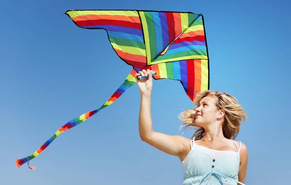 Woman with Kite Flying — Stock Photo, Image