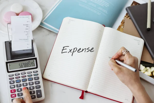 Woman writing text in notebook — Stock Photo, Image