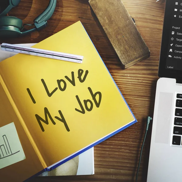 Workplace table with yellow paper diary — Stock Photo, Image