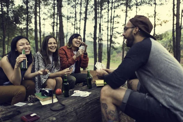Young Friends Travelers in Forest — Stock Photo, Image