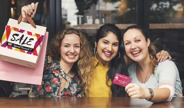 Women after shopping in cafe — Stock Photo, Image