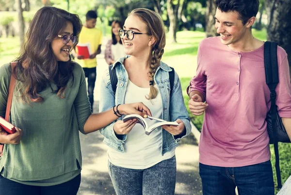 Glada studenter som studerar tillsammans — Stockfoto