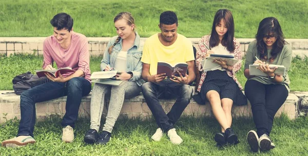 Diversos estudiantes que estudian al aire libre — Foto de Stock