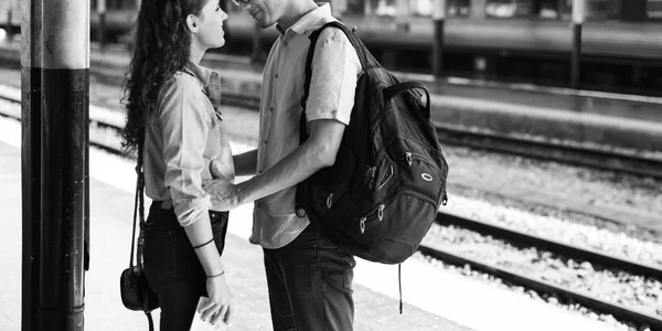 Couple on railway station — Stock Photo, Image