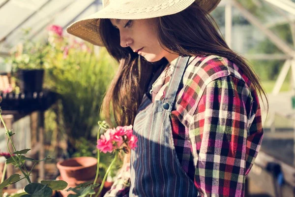 woman gardening plants in backyard