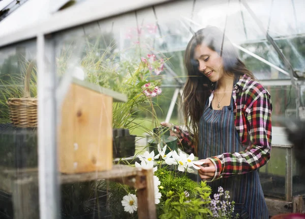 Woman watering flowers and plants — Stock Photo, Image