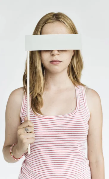 Woman holding speech stick — Stock Photo, Image