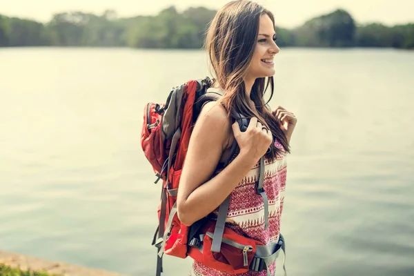 Traveler girl with backpack — Stock Photo, Image