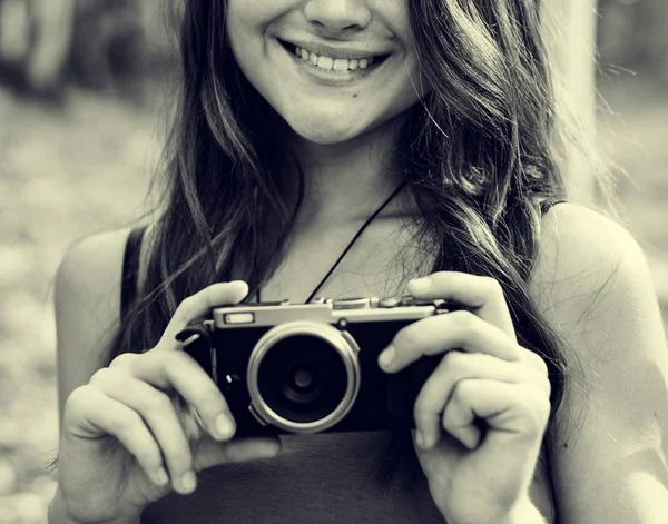 Woman Photographer Holding Camera — Stock Photo, Image