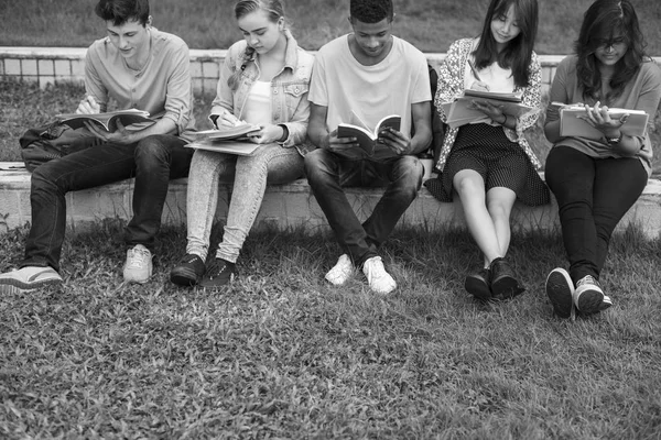 Diversos estudiantes que estudian al aire libre —  Fotos de Stock