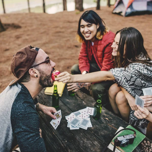 Young Friends Travelers in Forest — Stock Photo, Image