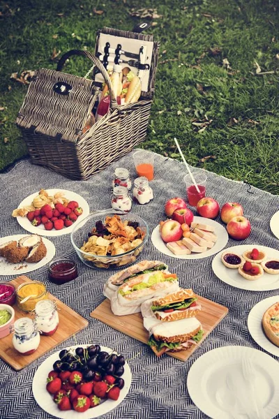 Смачна їжа на відкритому повітрі на пікніку — стокове фото