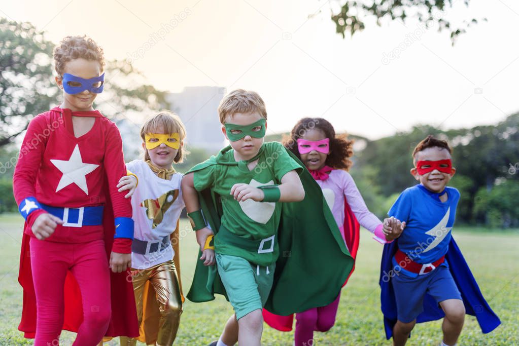 Superheroes Cheerful Kids have fun