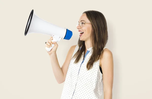 Woman talking in loudspeaker — Stock Photo, Image