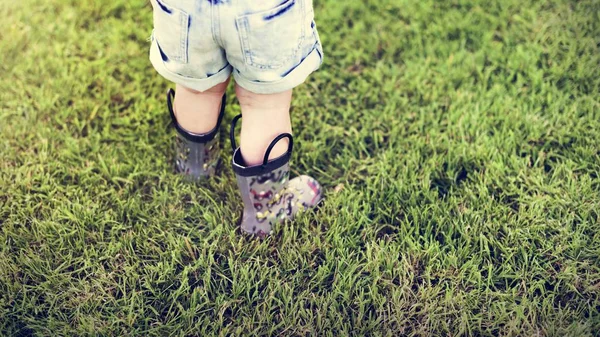 Pequeño niño caminando sobre hierba verde —  Fotos de Stock