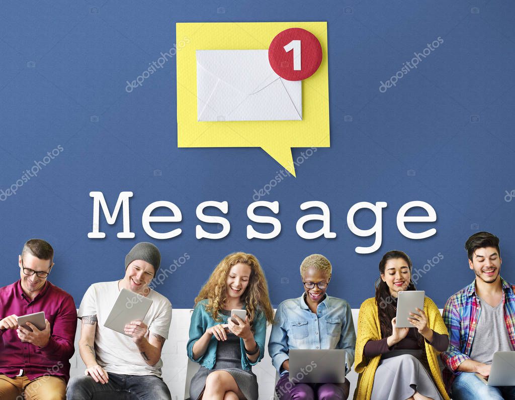 Group of Diversity People browsing digital gadgets, background wall with text: Message