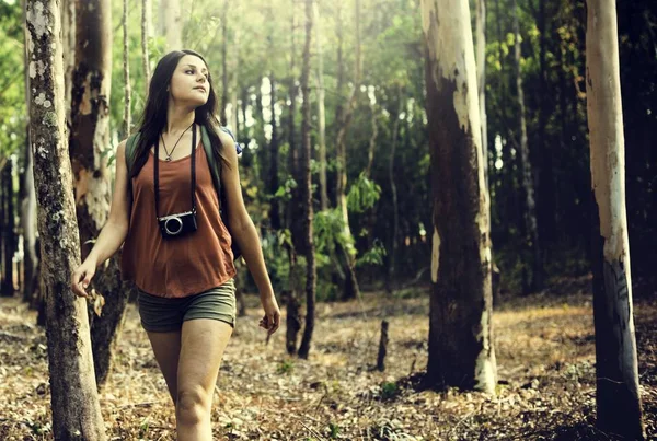 Ormanda yürüyen bir kadın — Stok fotoğraf