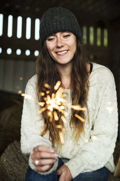 Young Woman with Sparkler — Stock Photo, Image