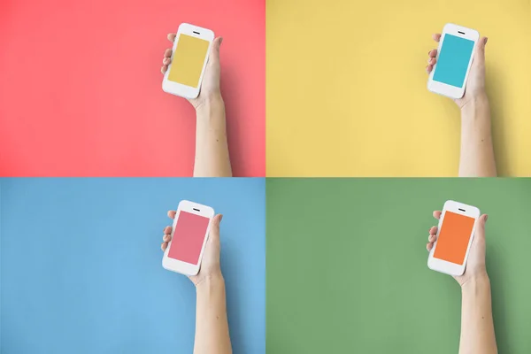 Smartfon w dłoni na tle kolorowe. — Zdjęcie stockowe