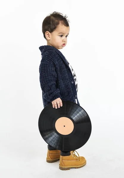 Boy Standing and Holding vinyle record — Photo