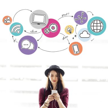 Akıllı telefon kullanan genç bir kadın.