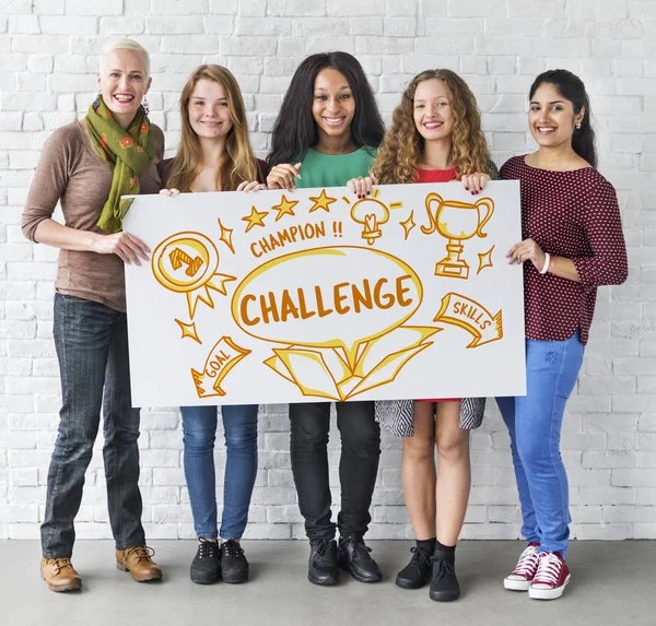 Women holding informational board — Stock Photo, Image