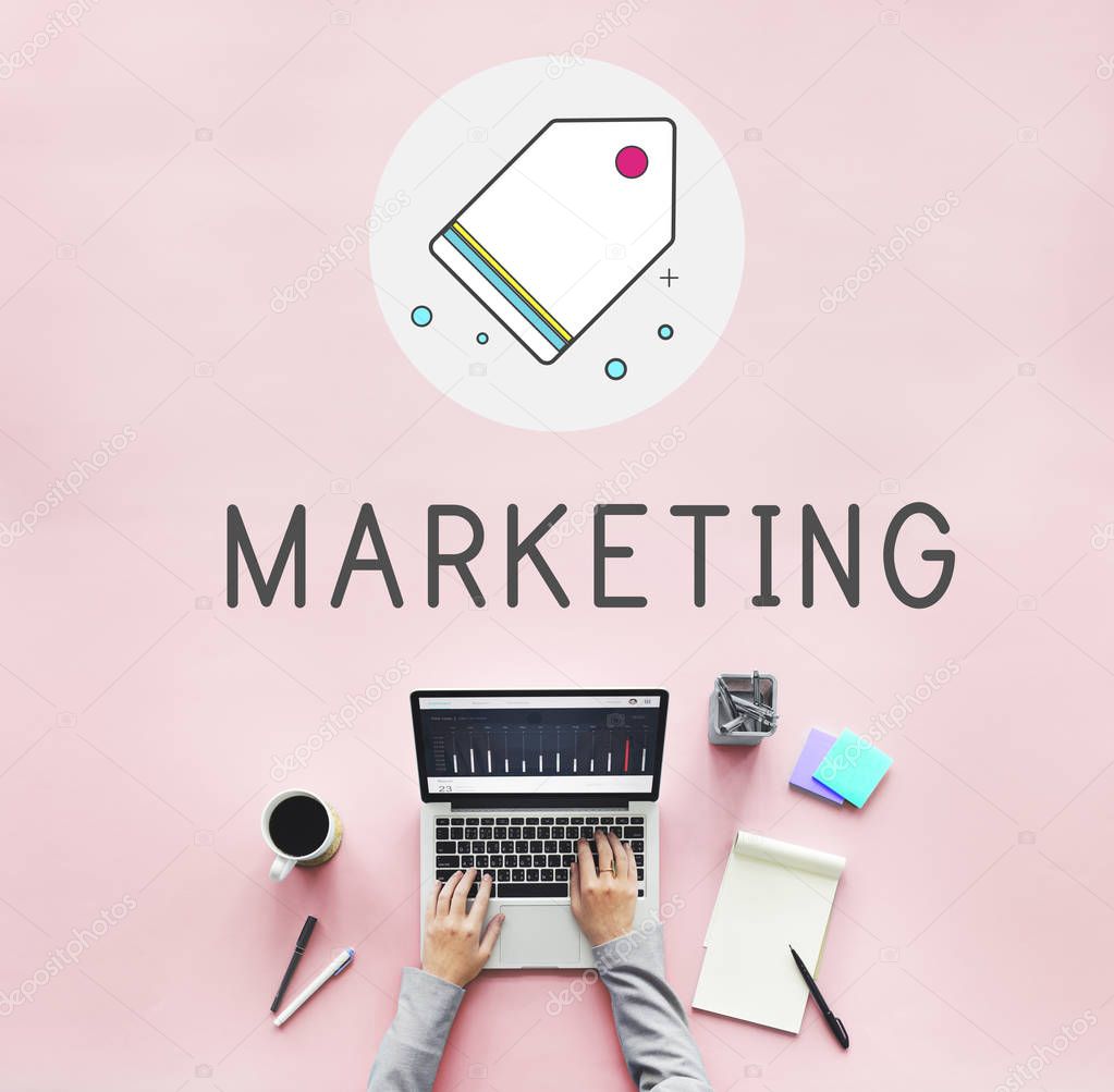 Top view of person working on laptop computer,  Tag Concept