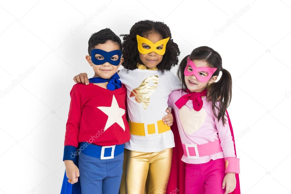 Superhero Children embracing and posing 