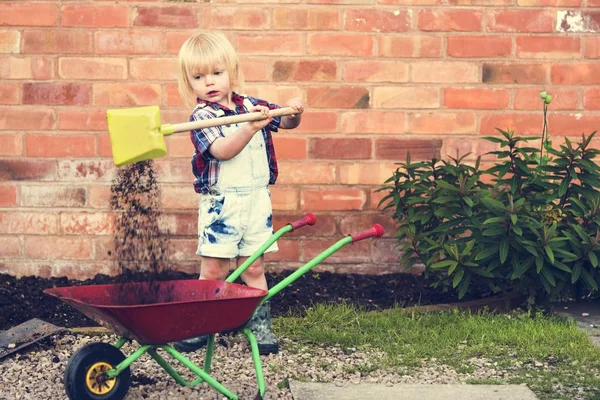 Menino com carrinho de jardim — Fotografia de Stock