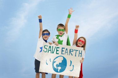 Superheroes kids holding poster clipart