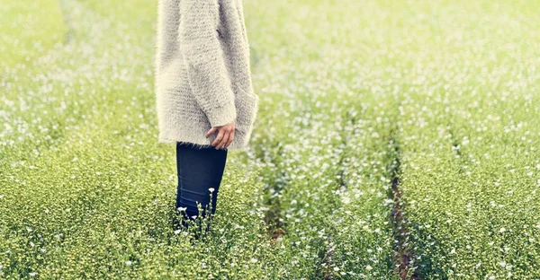 Woman in flowering field — Stock Photo, Image